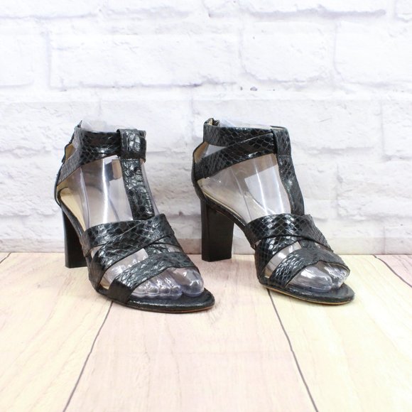 Via Spiga Black Snakeskin Patent Leather T Strap Heeled Sandals 6 M - Picture 3 of 11